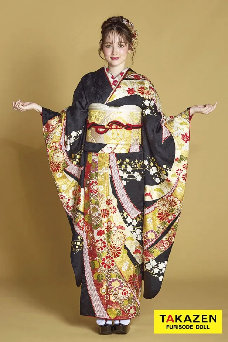 TAKAZENのレンタル振袖 プレミアム古典 滝泰/最高級金彩刺繡絞り友禅 黒 熨斗柄 十日町市長賞受賞 豪華 かっこいい振袖 綺麗 周防ジゼル【通販可】26042