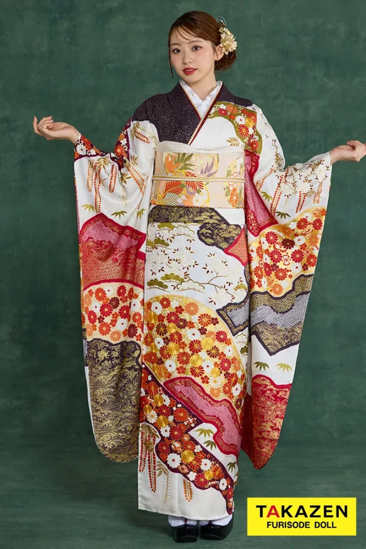 TAKAZENのレンタル振袖 プレミアム古典 青柳/最高級金駒繍絞り手描友禅 白/赤 菊柄 高級振袖 綺麗 はんなり 豪華 村上なずな【通販可】26045