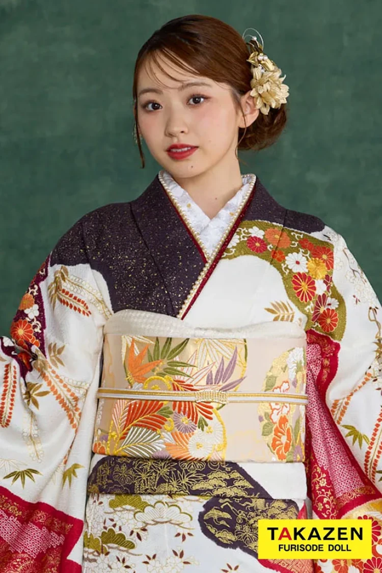 TAKAZENのレンタル振袖 プレミアム古典 青柳/最高級金駒繍絞り手描友禅 白/赤 菊柄 高級振袖 綺麗 はんなり 豪華 村上なずな【通販可】26045