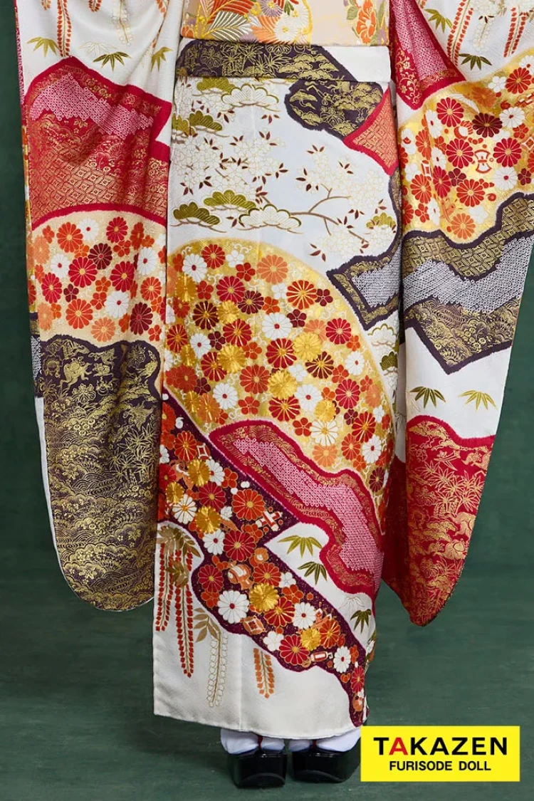 TAKAZENのレンタル振袖 プレミアム古典 青柳/最高級金駒繍絞り手描友禅 白/赤 菊柄 高級振袖 綺麗 はんなり 豪華 村上なずな【通販可】26045