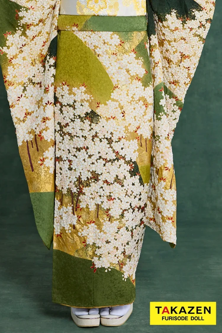 TAKAZENのレンタル振袖 プレミアム古典 青柳/最高級絞り手描友禅 緑/鶸色 桜柄 高級振袖 大人っぽい 人とかぶらない 村上なずな【通販可】26046
