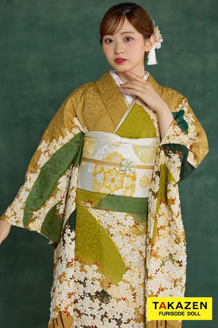 TAKAZENのレンタル振袖 プレミアム古典 青柳/最高級絞り手描友禅 緑/鶸色 桜柄 高級振袖 大人っぽい 人とかぶらない 村上なずな【通販可】26046