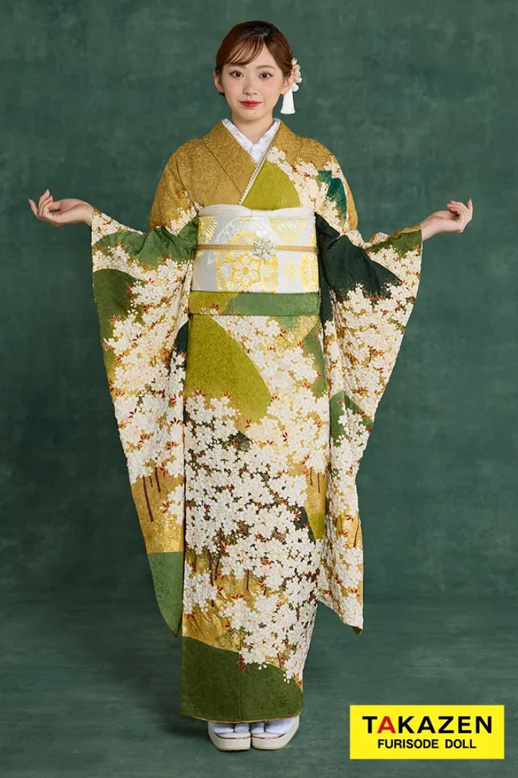 TAKAZENのレンタル振袖 プレミアム古典 青柳/最高級絞り手描友禅 緑/鶸色 桜柄 高級振袖 大人っぽい 人とかぶらない 村上なずな【通販可】26046