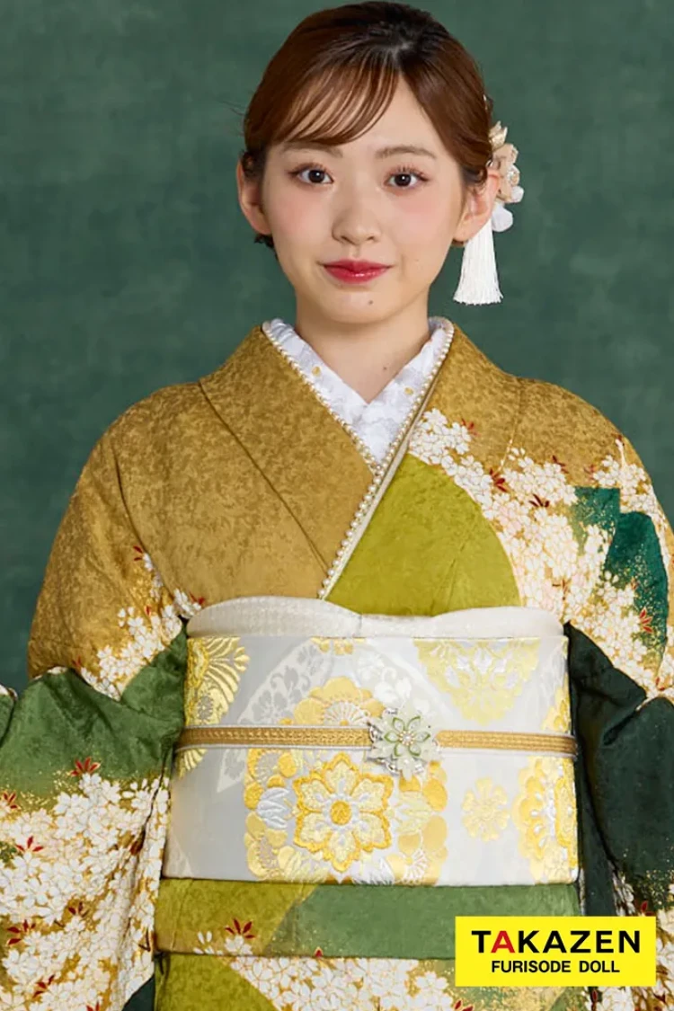 TAKAZENのレンタル振袖 プレミアム古典 青柳/最高級絞り手描友禅 緑/鶸色 桜柄 高級振袖 大人っぽい 人とかぶらない 村上なずな【通販可】26046