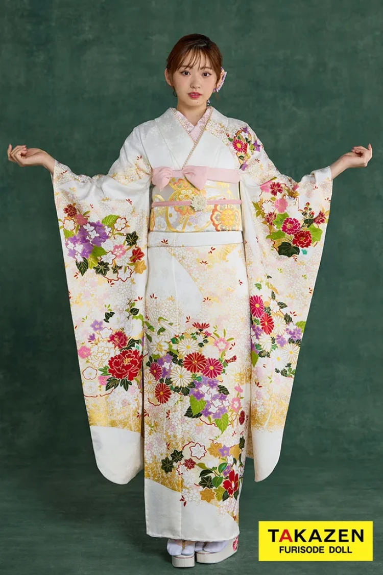 TAKAZENのレンタル振袖 プレミアム古典 青柳/最高級絞り手描友禅 白 菊柄 上品な振袖 綺麗 柄小さめ かわいらしい 村上なずな【通販可】26047