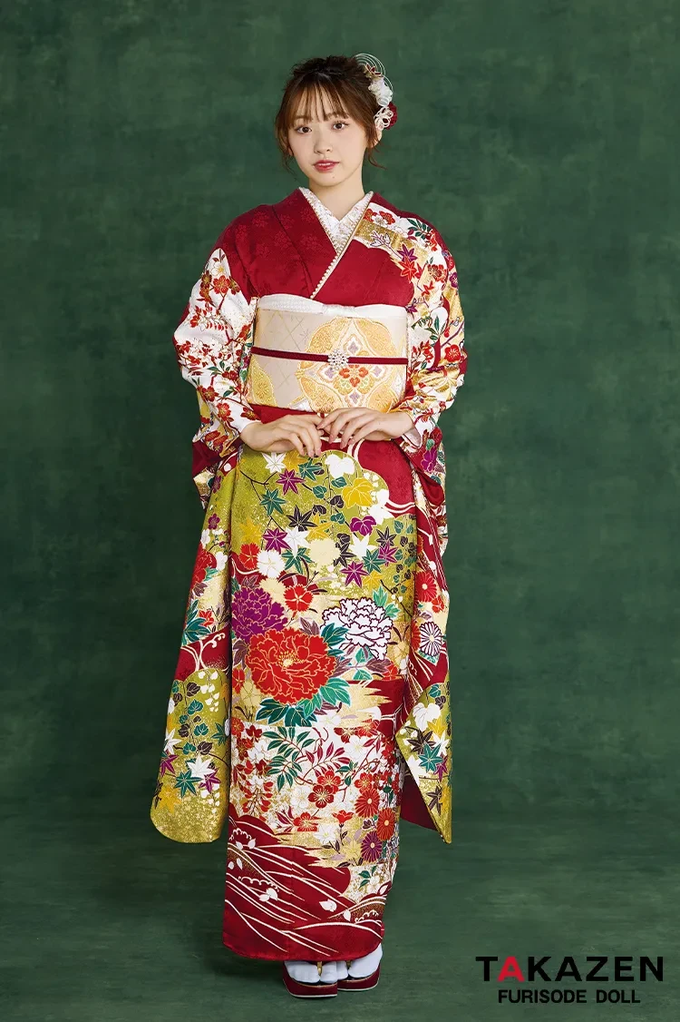 TAKAZENのレンタル振袖 プレミアム古典 青柳/最高級金彩絞り手描友禅 エンジ 牡丹柄 大人っぽい振袖 豪華 かっこいい 村上なずな【通販可】26048