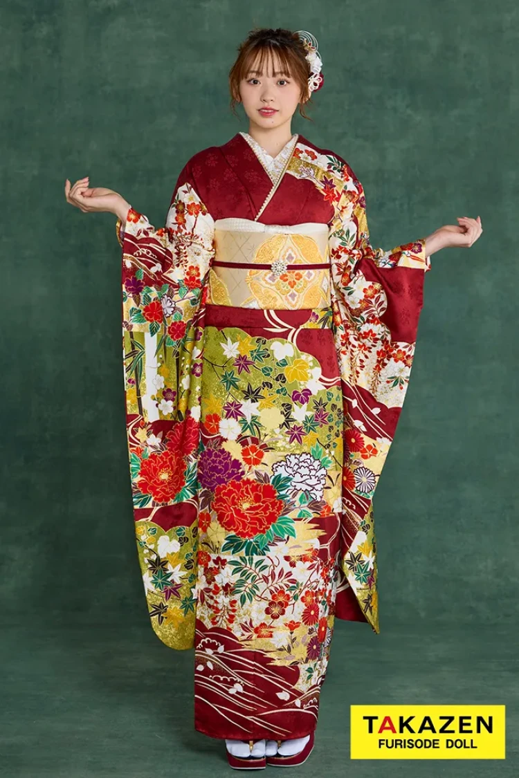 TAKAZENのレンタル振袖 プレミアム古典 青柳/最高級金彩絞り手描友禅 エンジ 牡丹柄 大人っぽい振袖 豪華 かっこいい 村上なずな【通販可】26048