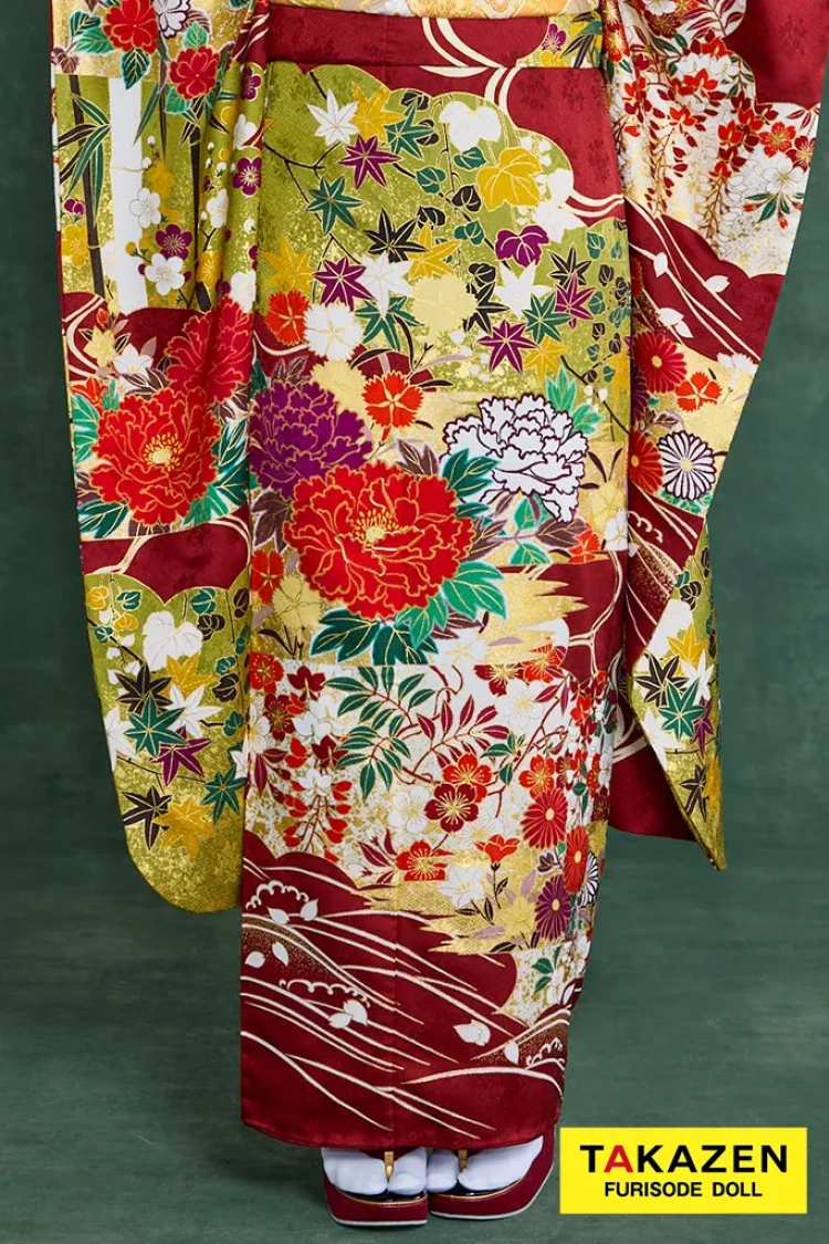 TAKAZENのレンタル振袖 プレミアム古典 青柳/最高級金彩絞り手描友禅 エンジ 牡丹柄 大人っぽい振袖 豪華 かっこいい 村上なずな【通販可】26048