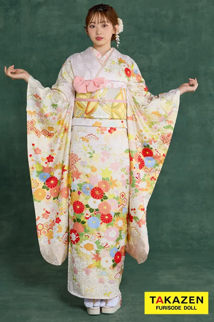 TAKAZENのレンタル振袖 プレミアム古典 青柳/最高級手描友禅 ピンク/薄い色 菊柄 かわいらしい振袖 はんなり 上品 清楚 村上なずな【通販可】26049