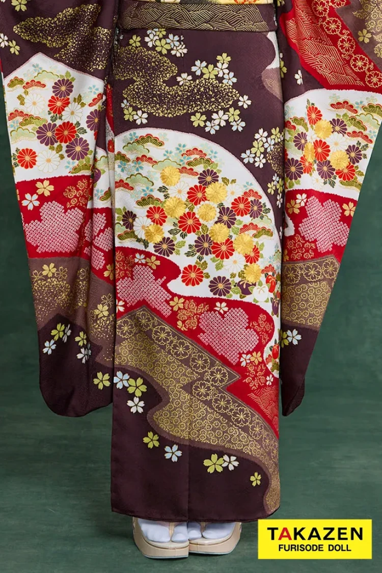 TAKAZENのレンタル振袖 プレミアム古典 青柳/最高級金駒繍絞り手描友禅 茶色/ブラウン 柄小さめ 高級古典振袖 豪華 上品 清楚 村上なずな【通販可】26050