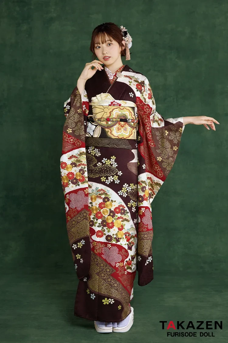 TAKAZENのレンタル振袖 プレミアム古典 青柳/最高級金駒繍絞り手描友禅 茶色/ブラウン 柄小さめ 高級古典振袖 豪華 上品 清楚 村上なずな【通販可】26050