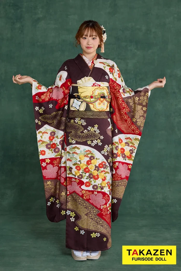 TAKAZENのレンタル振袖 プレミアム古典 青柳/最高級金駒繍絞り手描友禅 茶色/ブラウン 柄小さめ 高級古典振袖 豪華 上品 清楚 村上なずな【通販可】26050