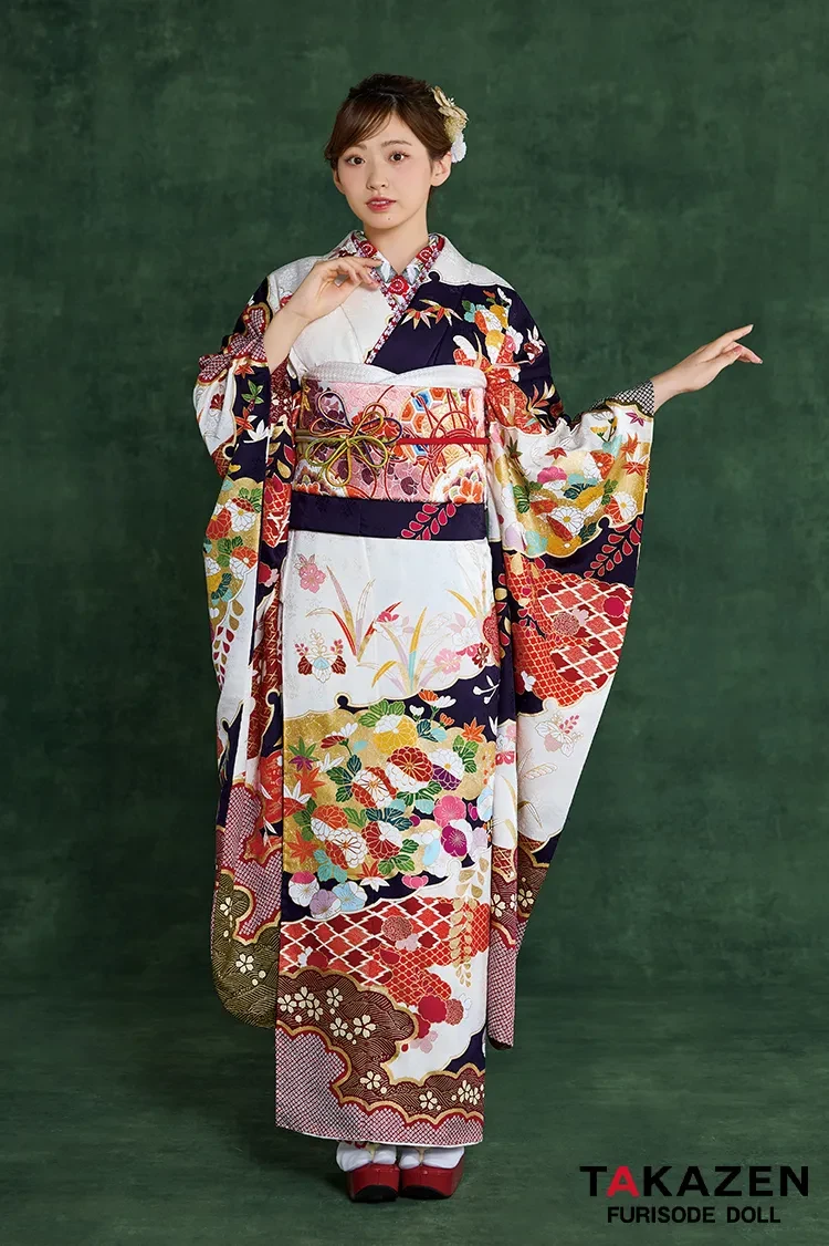 TAKAZENのレンタル振袖 高級古典振袖 青柳/最高級絞り手描友禅 白/紺/赤 柄小さめ 高級古典振袖 おしとやか 綺麗 村上なずな【通販可】26051