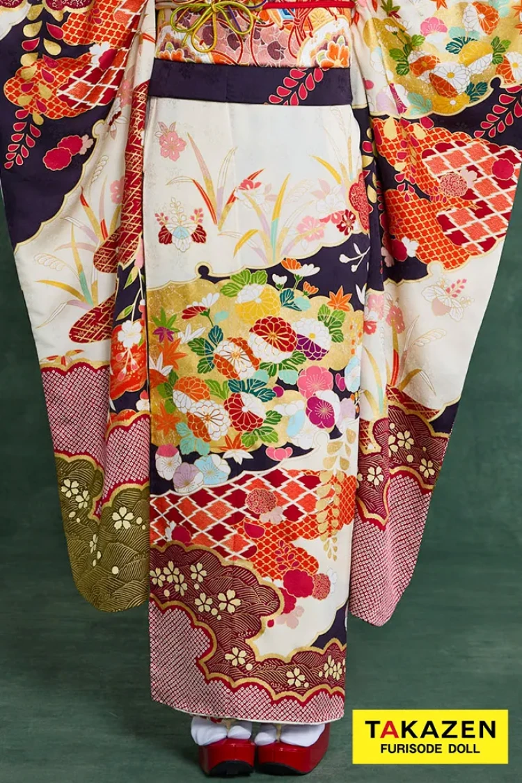 TAKAZENのレンタル振袖 高級古典振袖　青柳/最高級絞り手描友禅　白/紺/赤　柄小さめ　高級古典振袖　おしとやか　綺麗　村上なずな【通販可】26051