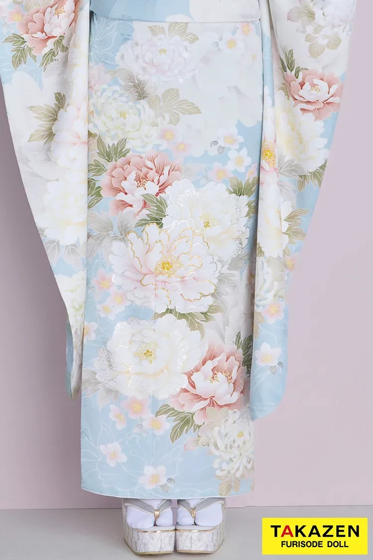 TAKAZENのレンタル振袖 くすみカラーガーリー 水色/淡い色 牡丹柄 かわいい振袖 トレンド リボンアレンジ 周防ジゼル【通販可】26054