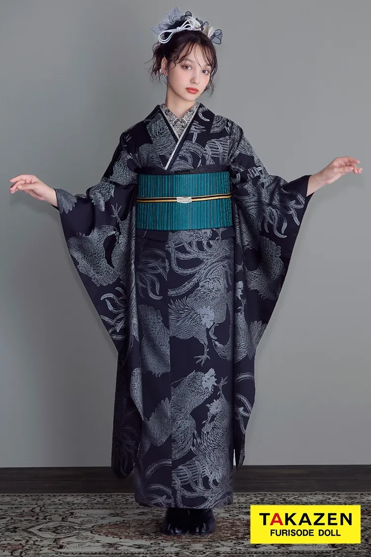 ヴィンテージスタイル 黒/グレー 鶏柄 大人っぽい かっこいい クール