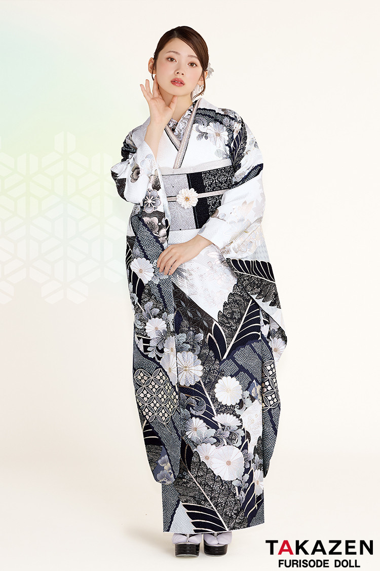 TAKAZENのレンタル振袖 正統派古典 白/グレー 菊柄 スタイリッシュ シック かっこいい 大人っぽい 粋 南琴奈【通販可】26070