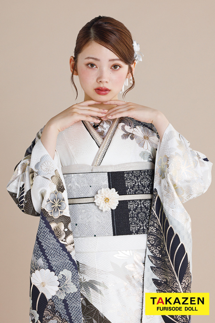 正統派古典 白/グレー 菊柄 スタイリッシュ シック かっこいい 大人っ