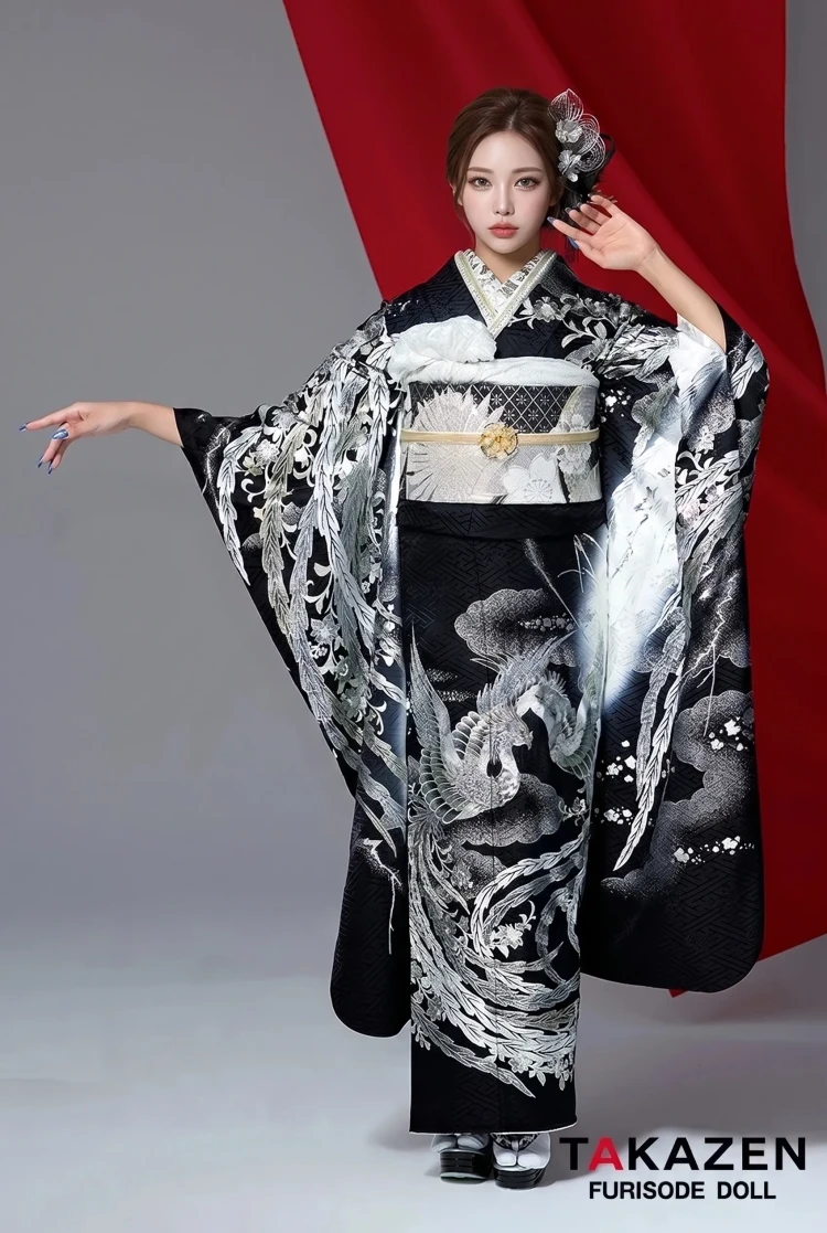 TAKAZENのレンタル振袖 ジャパンモード　黒/シルバー　鳳凰　かっこいい　いかつい　派手　目立つ　花魁風　スワロフスキー付き【通販可】26075