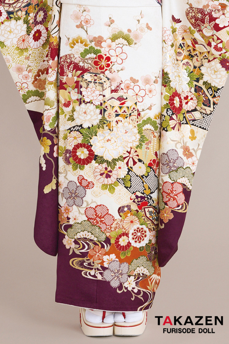 TAKAZENのレンタル振袖 正統派古典 白/白ベース 貝桶柄/菊柄 上品 大人っぽい 清楚な振袖 おしとやか 柄小さめ 白宮みずほ【通販可】26076