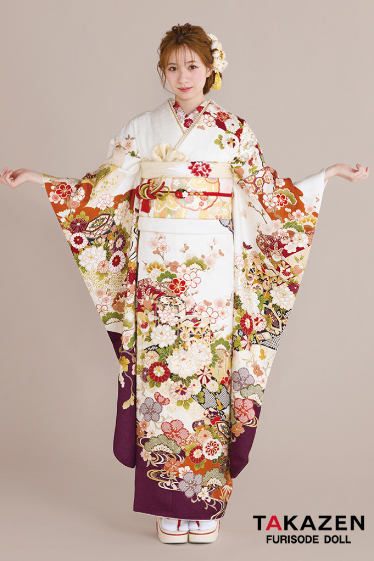TAKAZENのレンタル振袖 正統派古典 白/白ベース 貝桶柄/菊柄 上品 大人っぽい 清楚な振袖 おしとやか 柄小さめ 白宮みずほ【通販可】26076