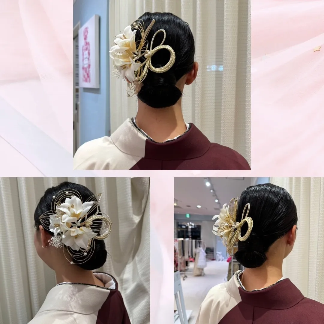 ヘアアレンジ　振袖へア　袴へア　個性的　かわいい　髪飾り　リボン　花　シニヨンヘア　カチモリヘア　タイトへア　ショートヘア