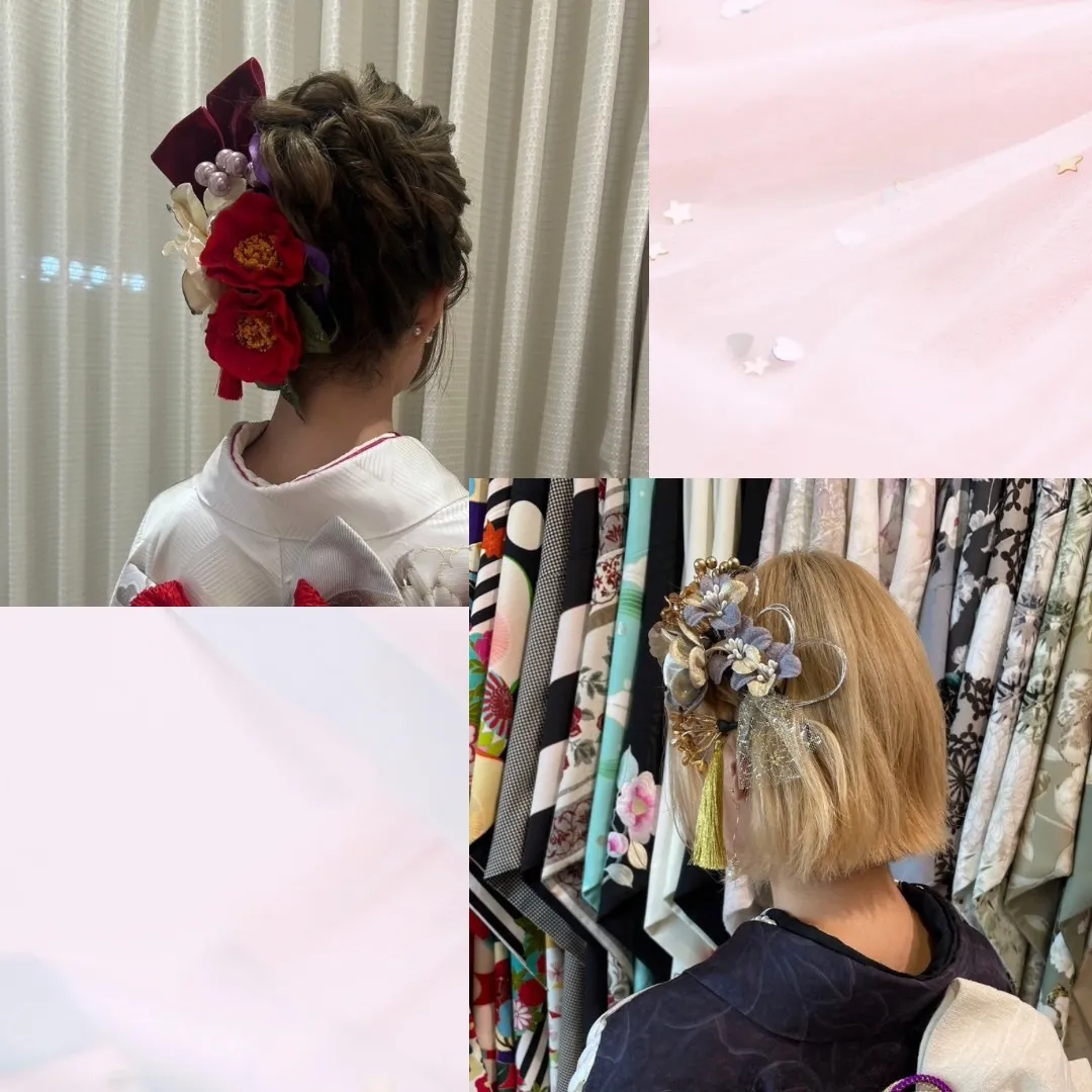 ヘアアレンジ　振袖へア　袴へア　個性的　かわいい　髪飾り　リボン　花　シニヨンヘア　カチモリヘア　タイトへア　ショートヘア