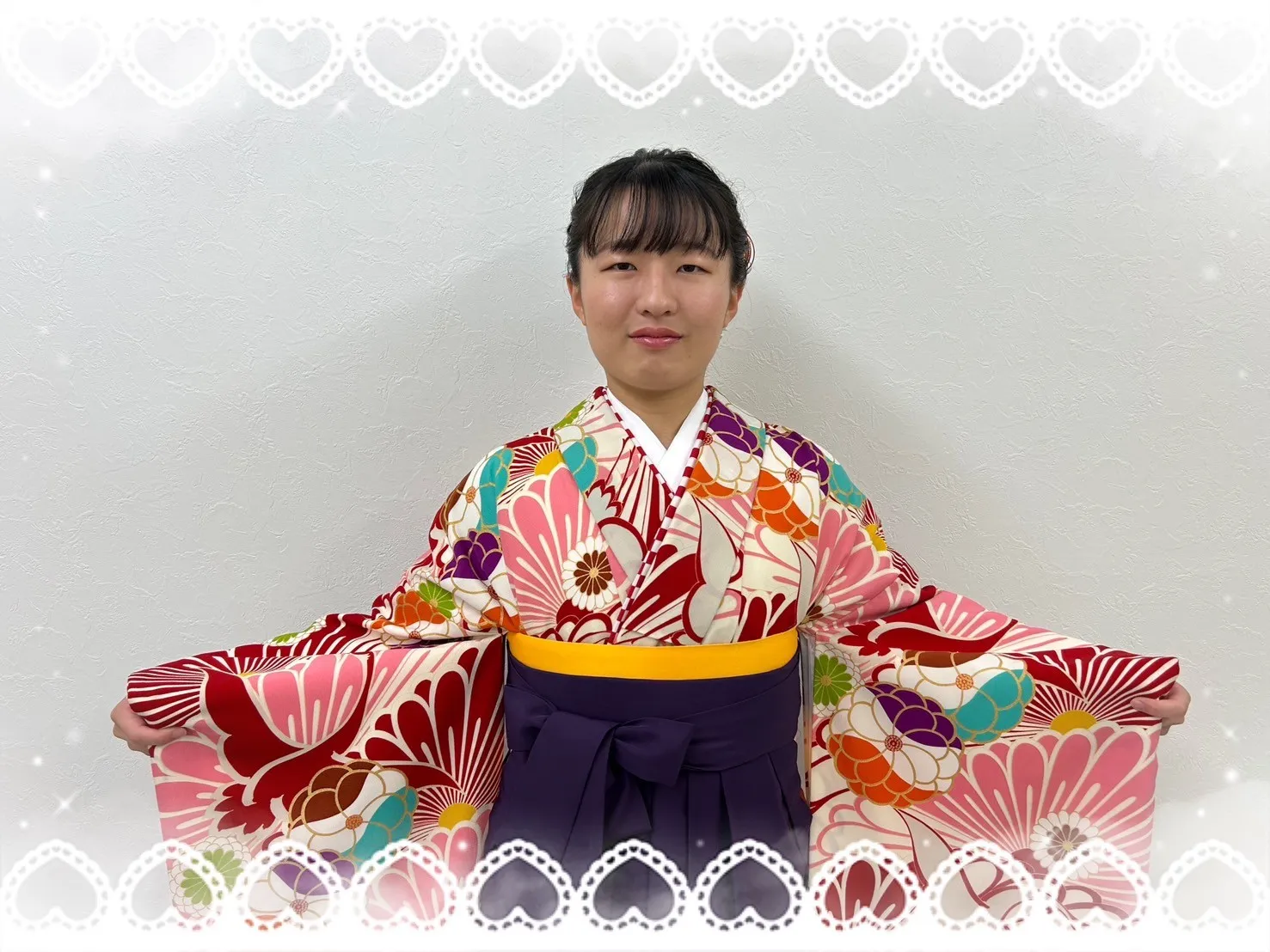 卒業式　袴　前撮り撮影会　JAPANSTYLE×中村里砂ブランド袴　ピンク/赤/オレンジ　鶴柄　可愛い　暖色系