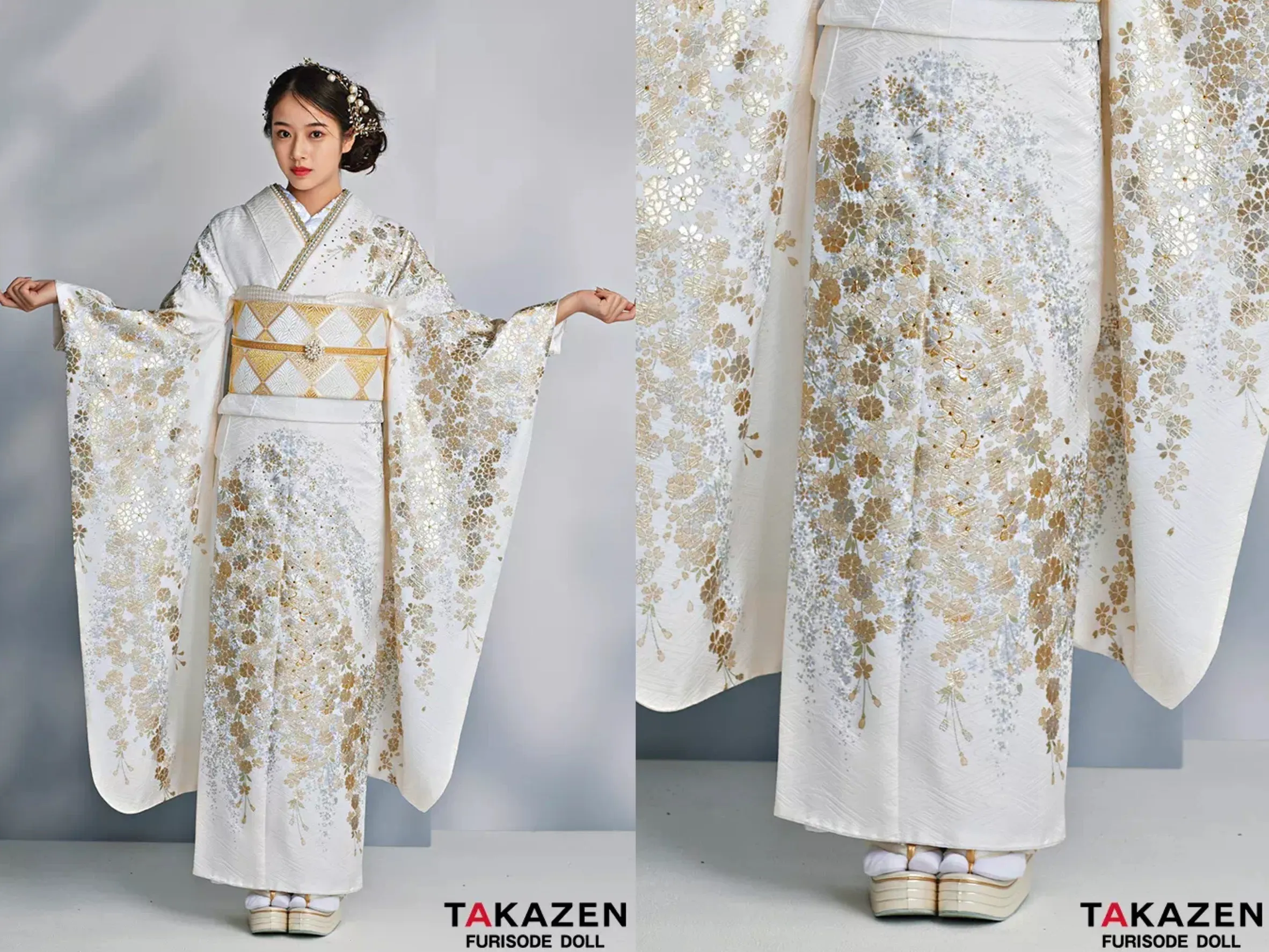 振袖　レンタル　奈良　帯　可愛い　アレンジ　華やか　綺麗　最高級古典柄振袖　関芳/最高級金駒金彩刺繍友禅　白/金　サクラ柄　キラキラ　上品　正絹　無彩色　透明感のある　天翔天音【通販可】24039