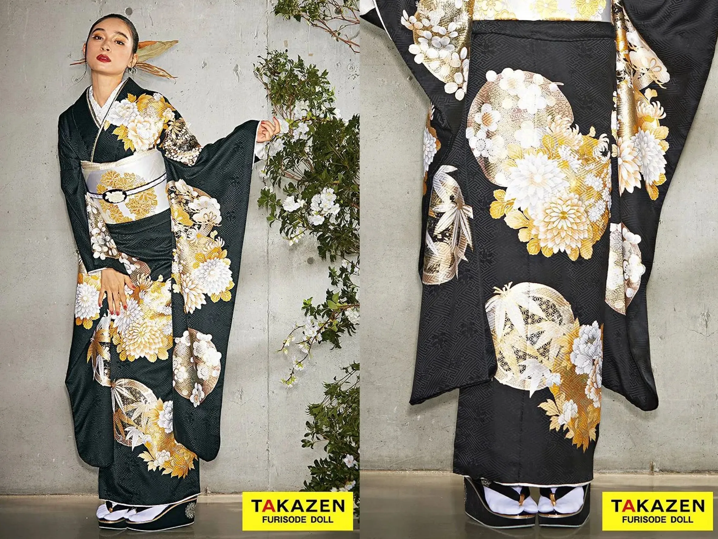 振袖　レンタル　奈良　帯　可愛い　アレンジ　華やか　綺麗　最高級古典柄振袖　関芳/最高級金駒金彩刺繍友禅　白/金　サクラ柄　キラキラ　上品　正絹　無彩色　透明感のある　天翔天音【通販可】24039　粋古典　黒地/金/ゴールド　菊柄　シンプル振袖　シック　大人っぽい　モダン　クール【通販可】24058