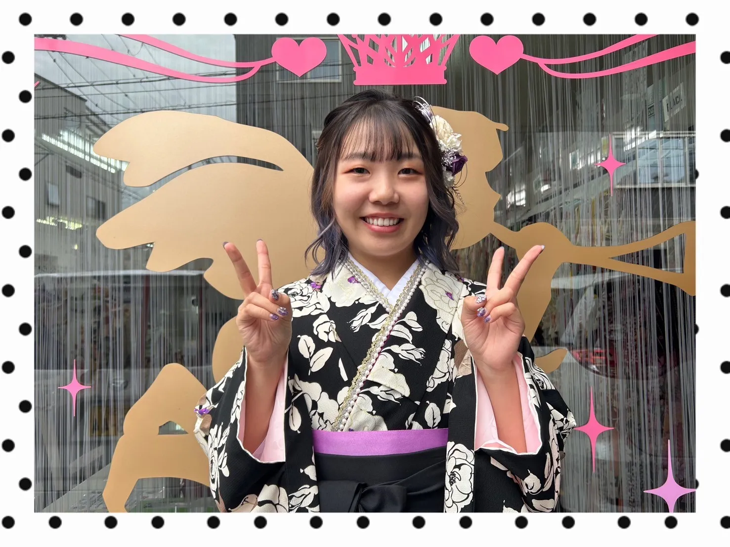 卒業式　袴　前撮り撮影会　JAPANSTYLE×中村里砂ブランド袴　量産型ガーリー　黒/白　総柄　モノトーンコーデ　大人っぽい