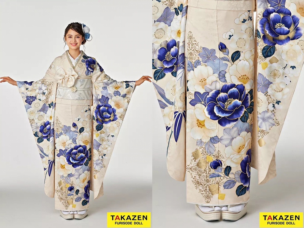 振袖　レンタル　奈良　正統派古典　クリーム/青　椿柄　上品　寒色系　かわいい　統一感のある着こなし