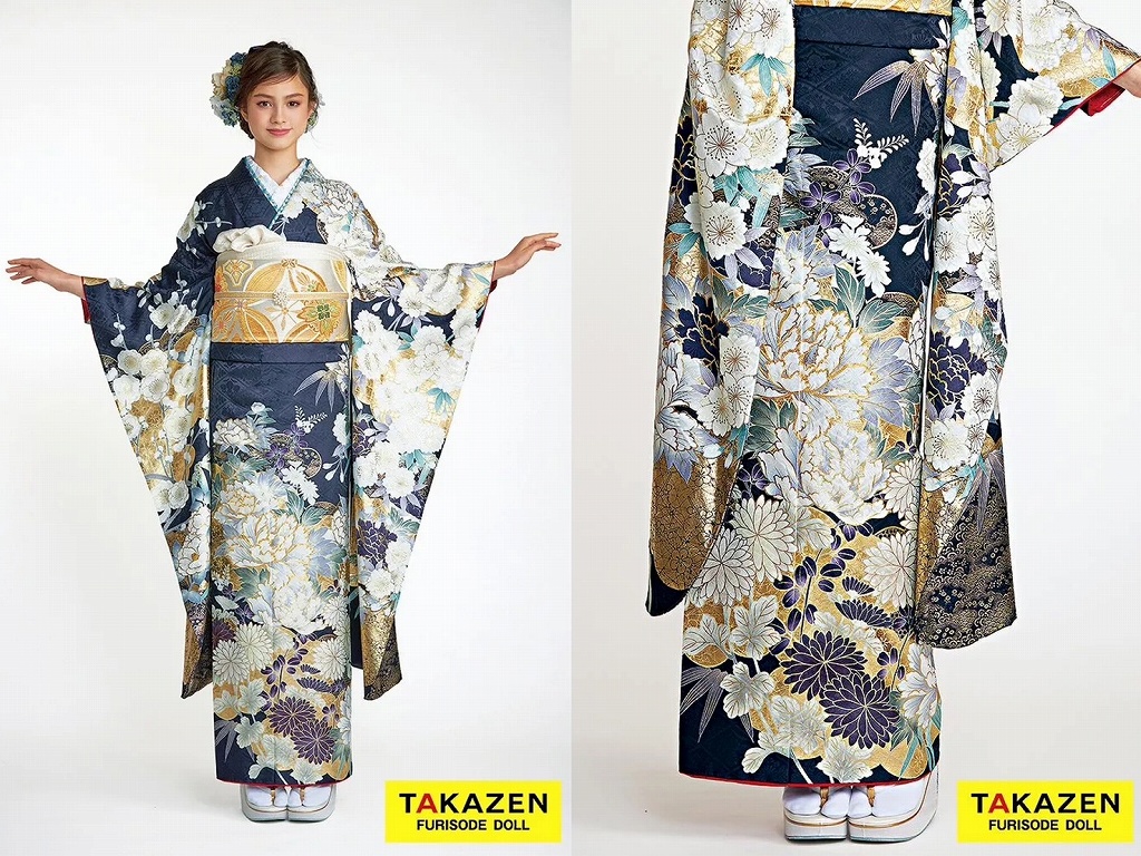 振袖　レンタル　奈良　正統派古典　紺色(ネイビー)/金　牡丹柄　豪華　きれいめ　華やか　清楚　大人っぽい