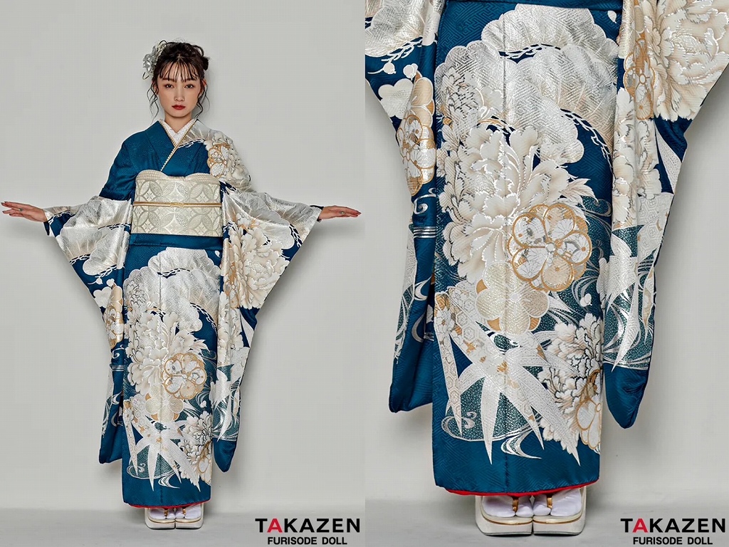 振袖　レンタル　奈良　粋古典　ターコイズブルー/青/白　吉祥文様/流水模様　クール　寒色系　シック