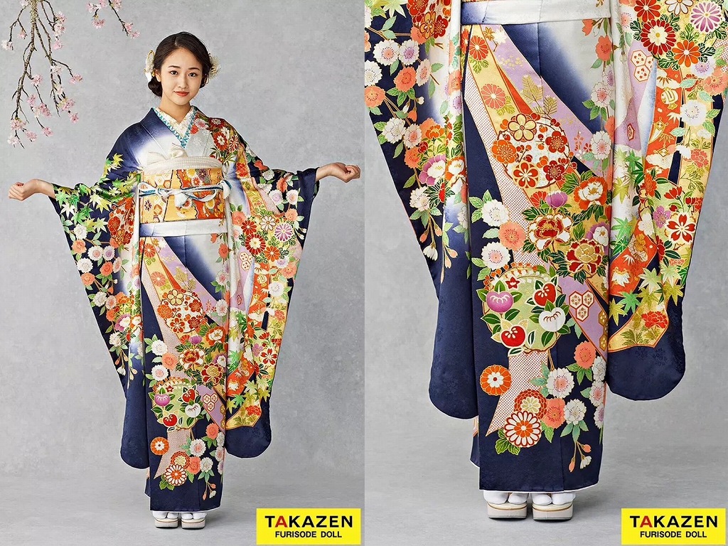 振袖　レンタル　奈良　最高級古典柄振袖　吉澤織物/文楽/人間国宝吉田簑助　紺色/ネイビー/白　熨斗柄　大人っぽい　上品　綺麗　天翔愛