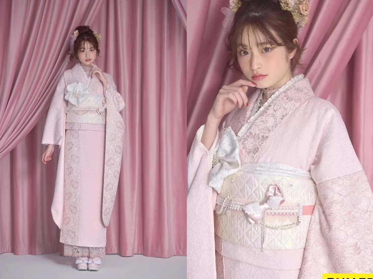 TAKAZEN神戸店　　振袖　レンタル　くすみカラー　イマドキ　ピンク　青色　黄色　かわいい　リボン