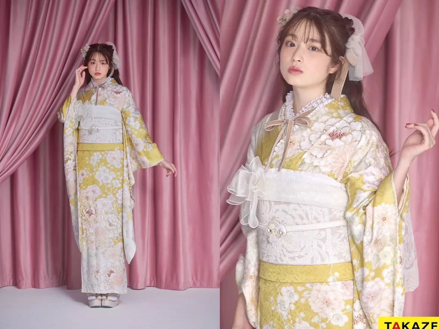 TAKAZEN神戸店　　振袖　レンタル　くすみカラー　イマドキ　ピンク　青色　黄色　かわいい　リボン