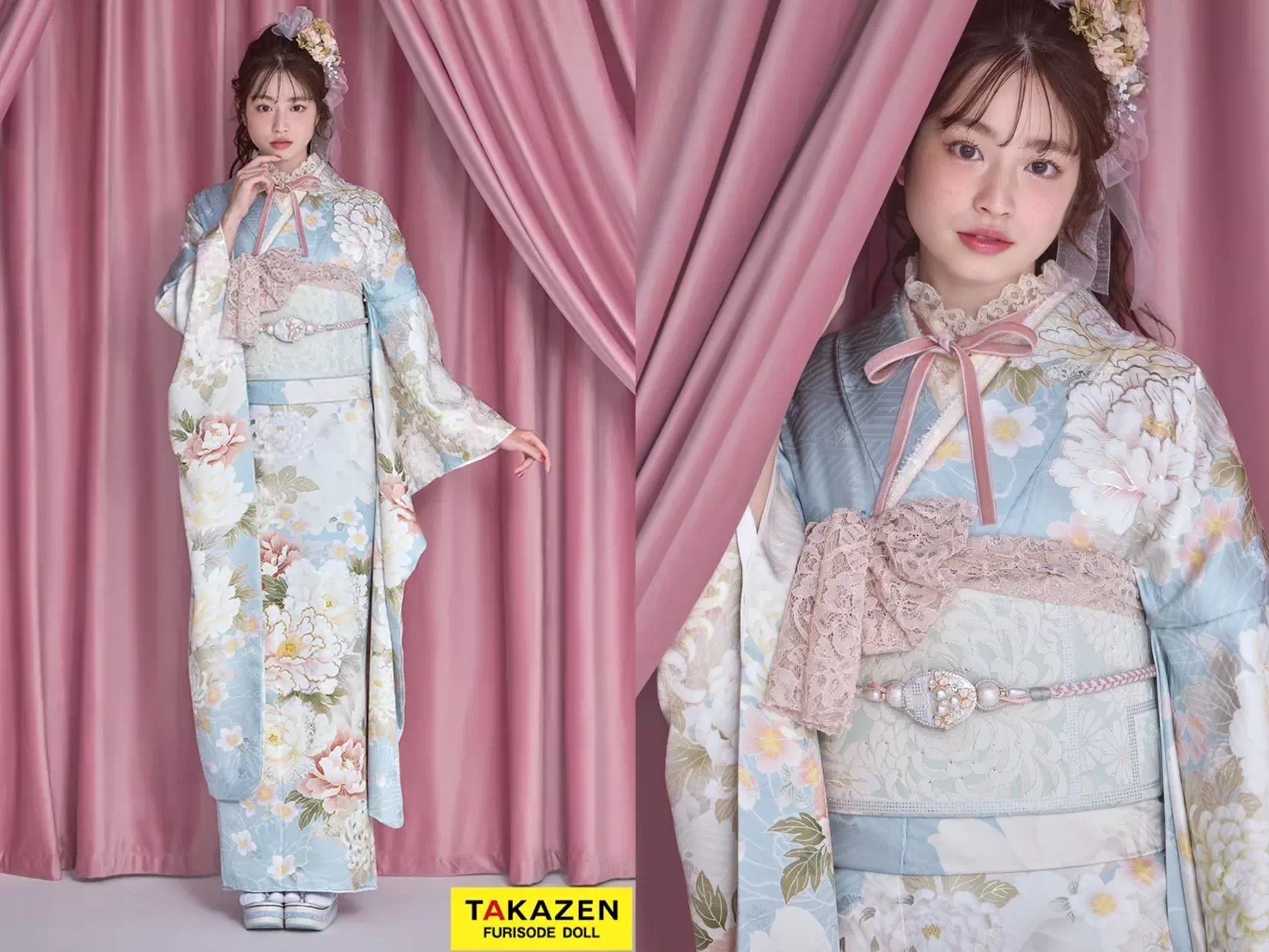 TAKAZEN神戸店　　振袖　レンタル　くすみカラー　イマドキ　ピンク　青色　黄色　かわいい　リボン