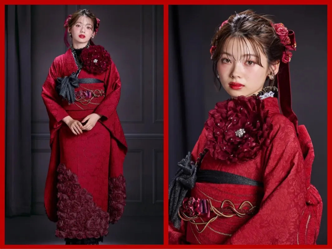 成人式　振袖レンタル　TAKAZENオリジナル　大人っぽい　色っぽい　人とかぶらない　おしゃれ　ブーツスタイル　ゴージャス　バラ　赤