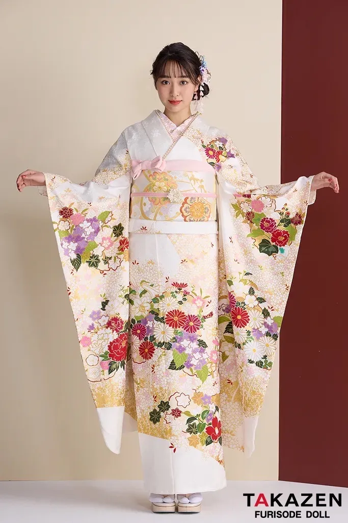 振袖　レンタル　奈良　プレミアム古典　青柳/最高級絞り手描友禅　白　菊柄　上品な振袖　綺麗　柄小さめ　かわいらしい　藤岡舞衣