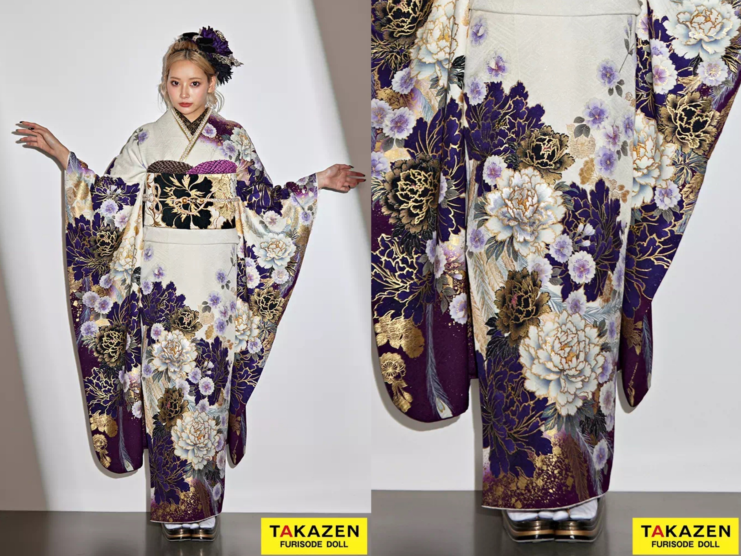 振袖　レンタル　奈良　振袖安い　安い！クール系　白/紫/ゴールド(金色)　ボタン柄/和柄　大人気　モード　派手振袖　かっこいい　ギャル　ぴょな