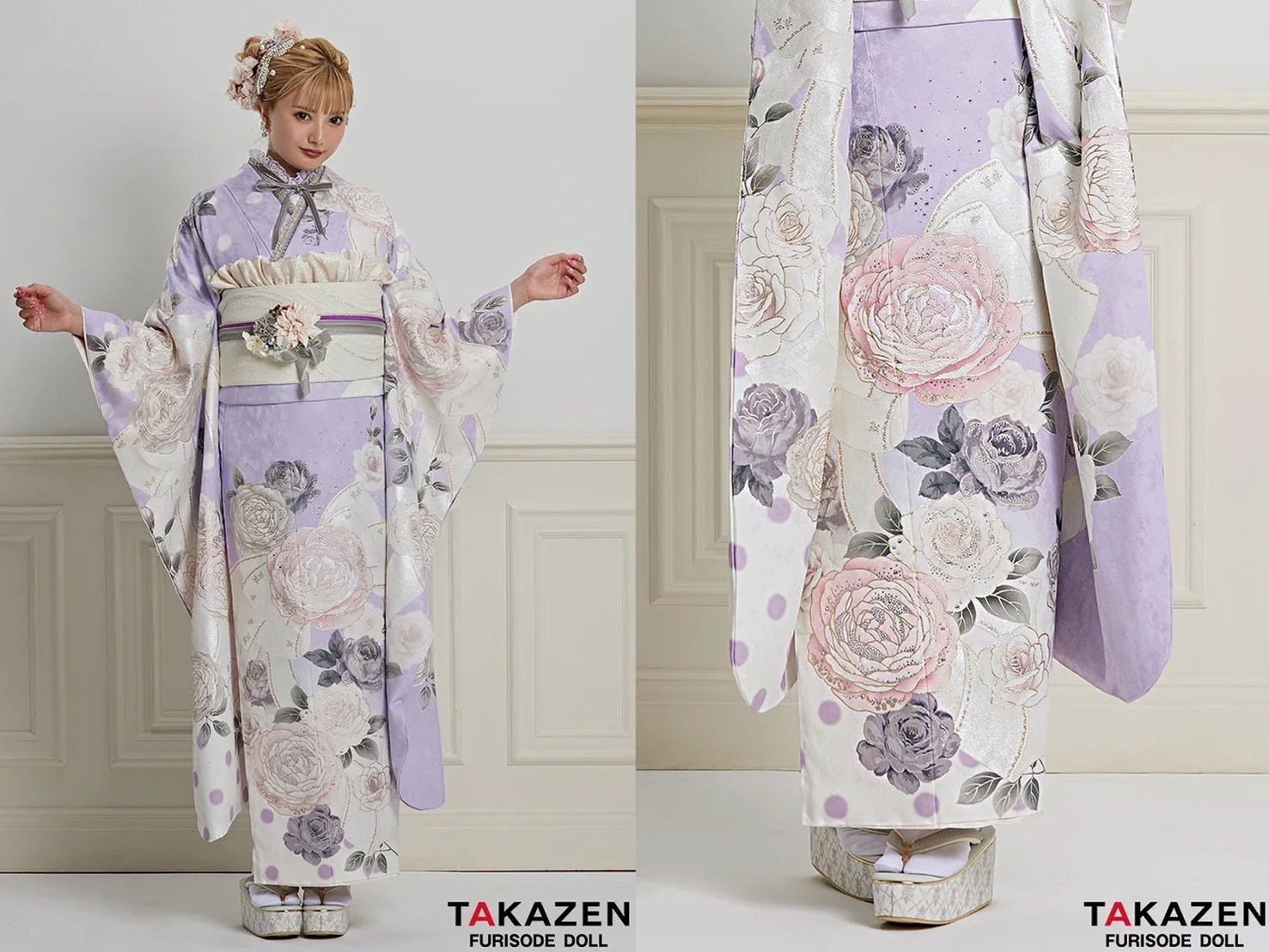 振袖　レンタル　奈良　振袖安い　ヘップバーンシャネルカラー　薄紫/ピンク　おしゃれな振袖　バラ/リボン柄　スワロフスキー付き　セレブ　安斉かれん