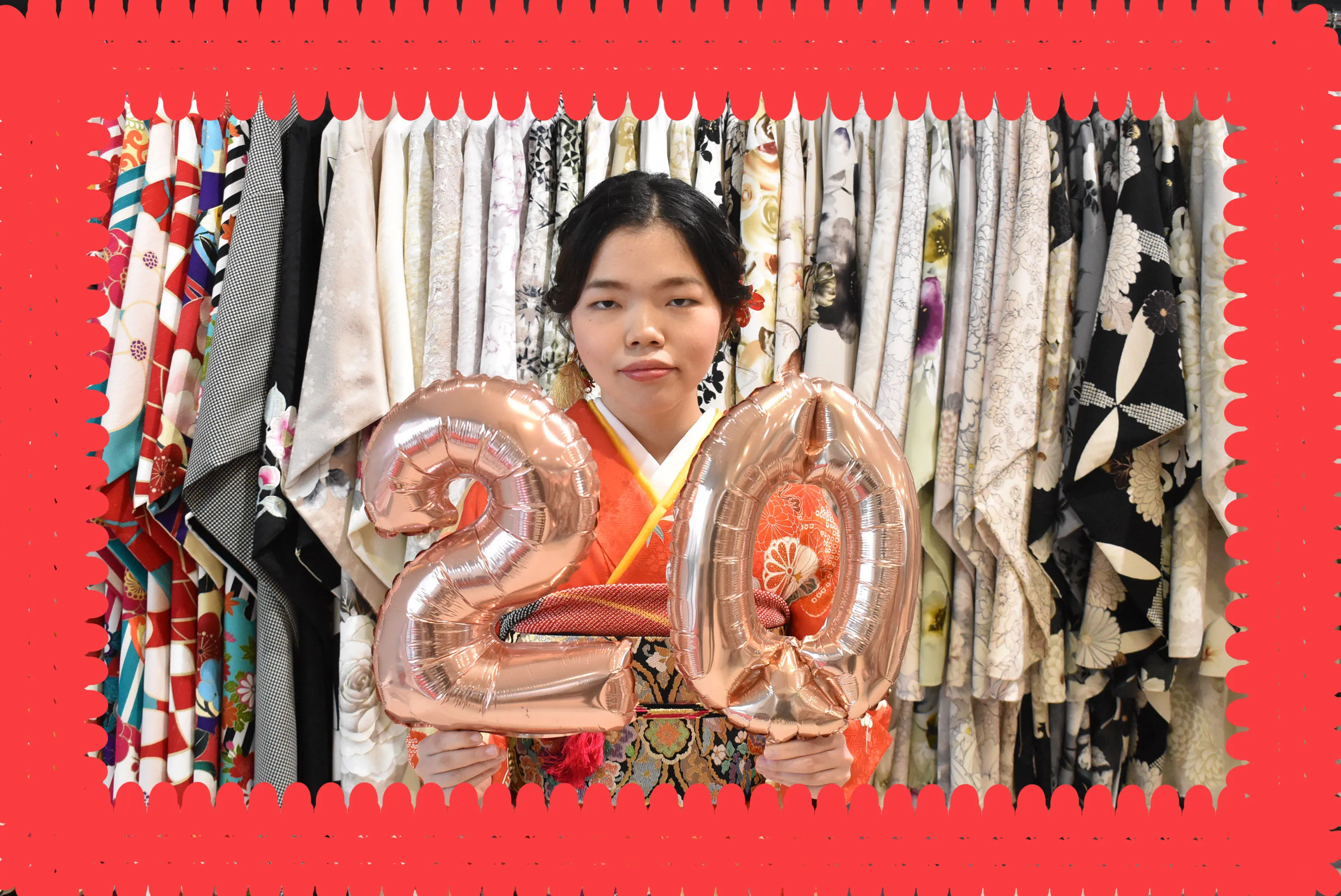 TAKAZEN堺店　タカゼン　前撮り撮影会　持ち込み振袖　ママ振　朱色　古典柄　華やか