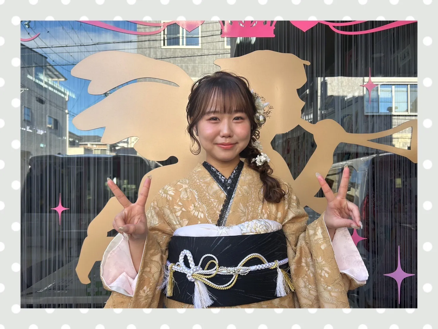 成人式　振袖　前撮り撮影会　奈良　ヴィンテージスタイル　ベージュ　総レース　人と被らない振袖　ブーツスタイル　お洒落　リボンアレンジ