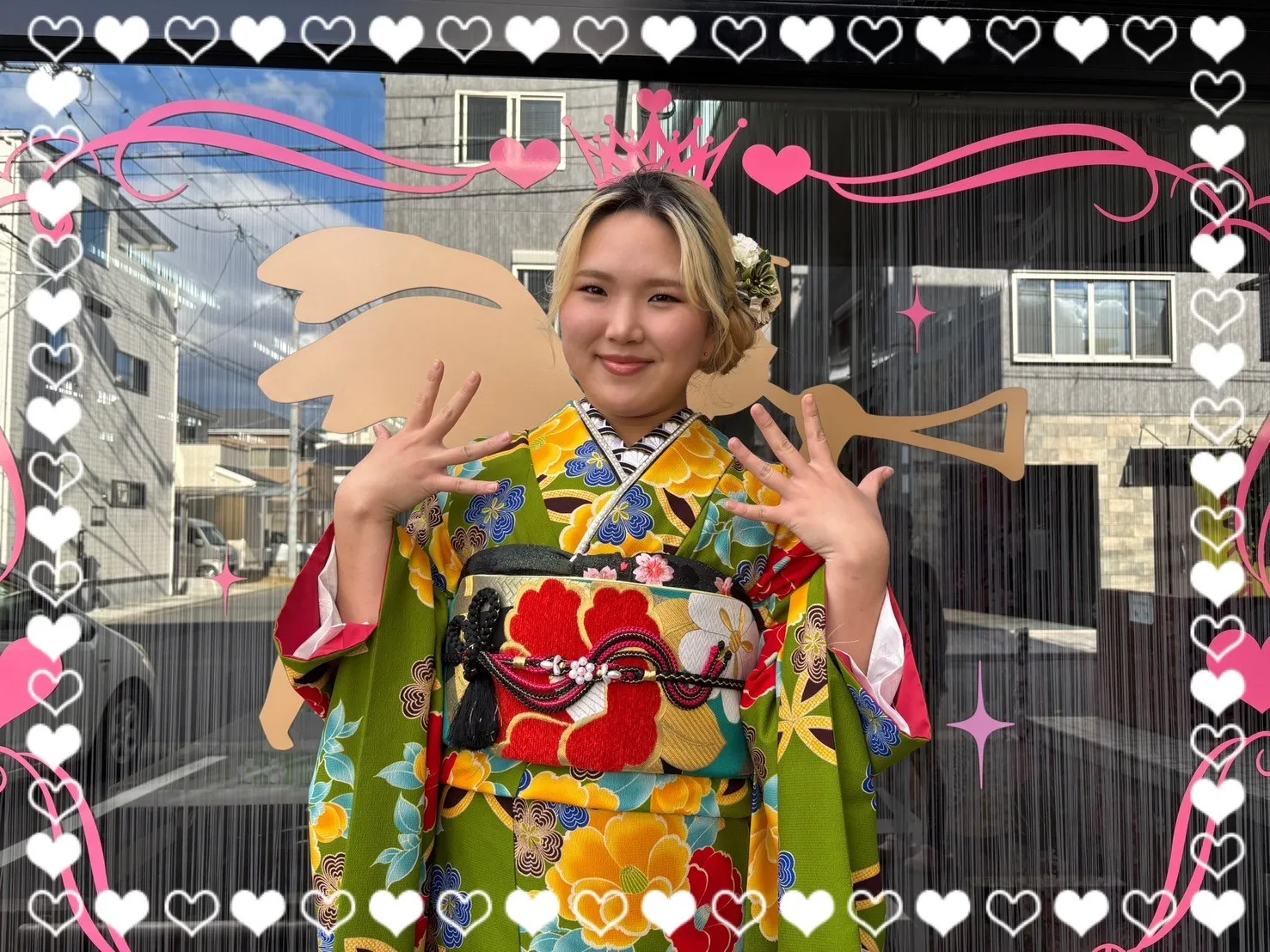 成人式　振袖　前撮り撮影会　かわいい　緑　華やか　カラフル　レトロ