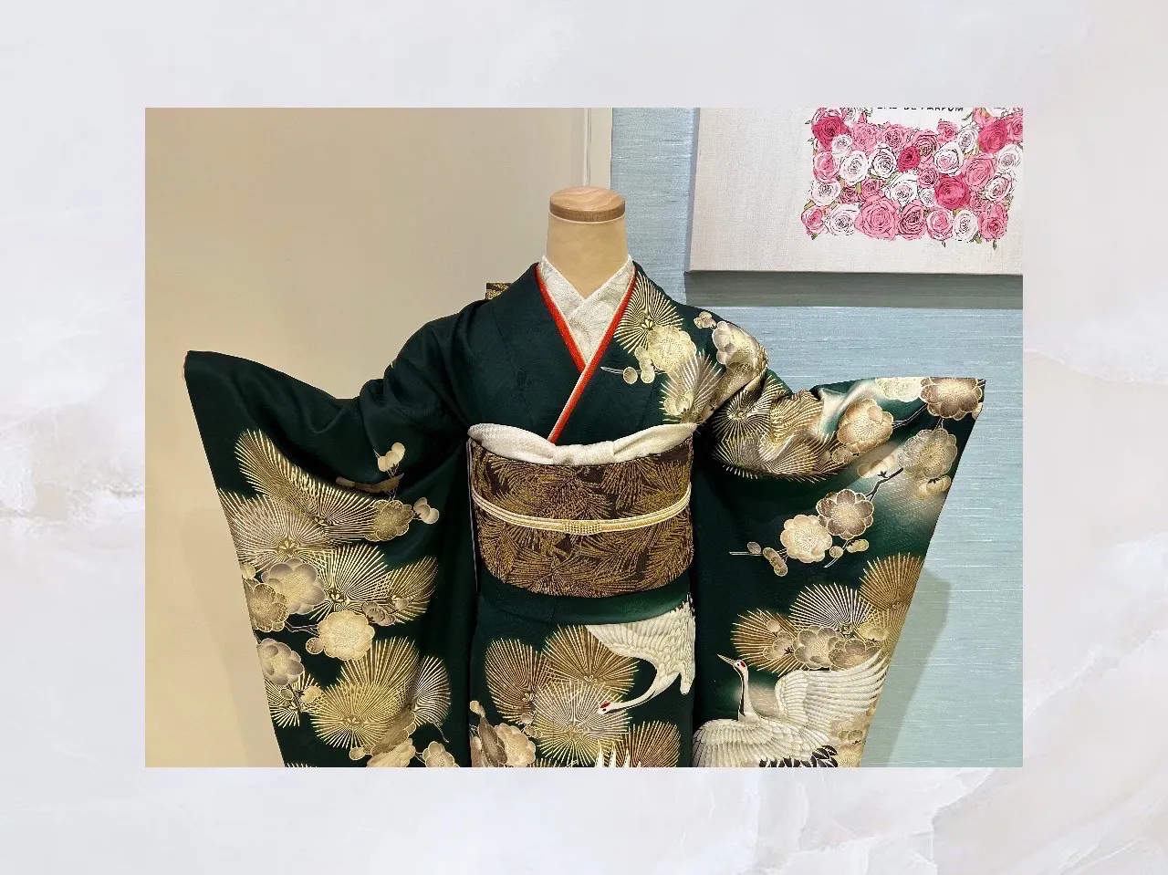 TAKAZEN　タカゼン　振袖レンタル　粋古典　緑振袖　鶴柄　綺麗め　かっこいい　上品