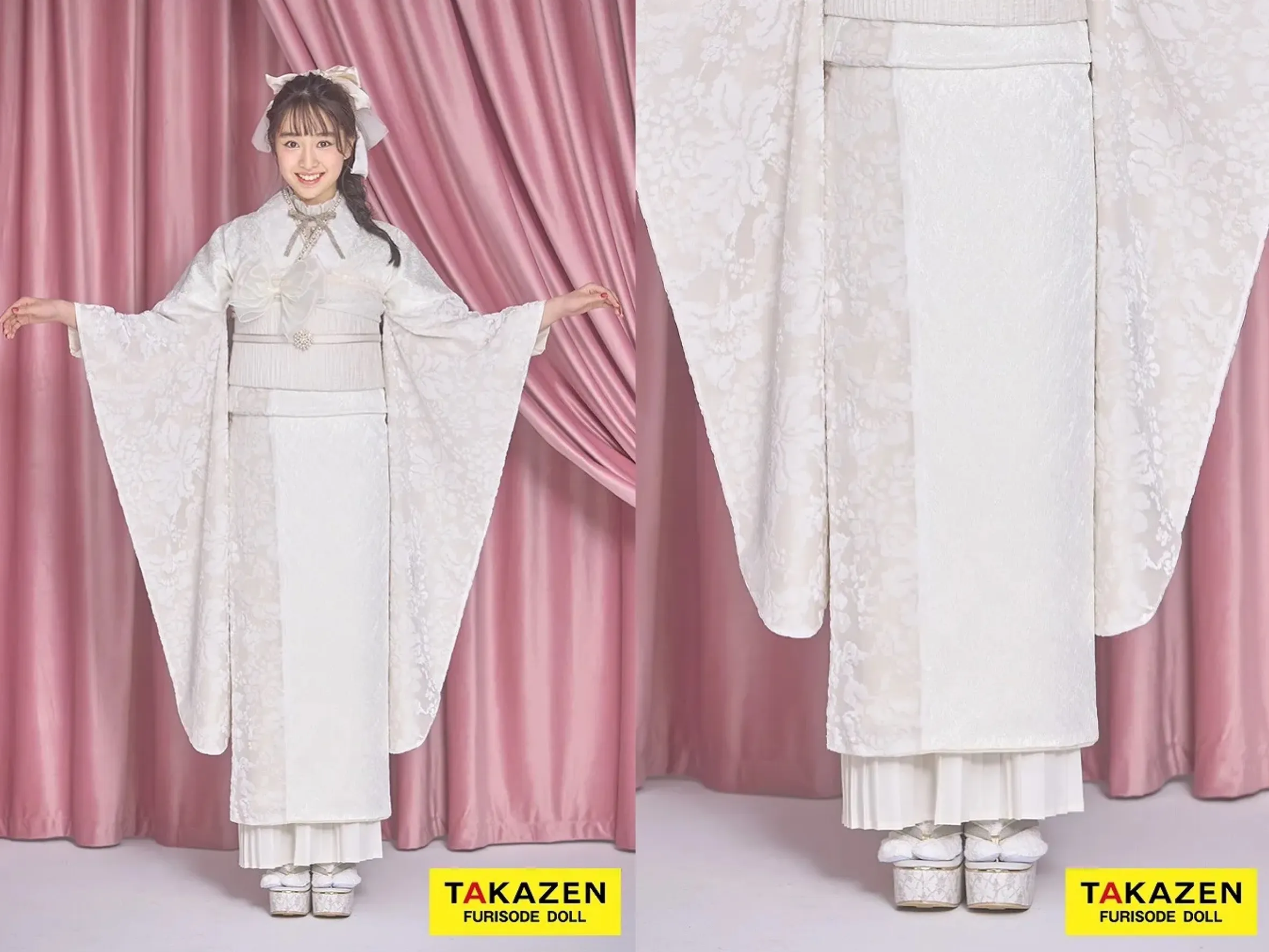 TAKAZEN奈良店　振袖レンタル奈良　成人式振袖　最新作くすみカラー　オフホワイト　ベルベット生地/ジャガード生地　かわいい　お洒落　プリーツスカート　ガーリーな振袖　藤岡舞依【通販可】26056