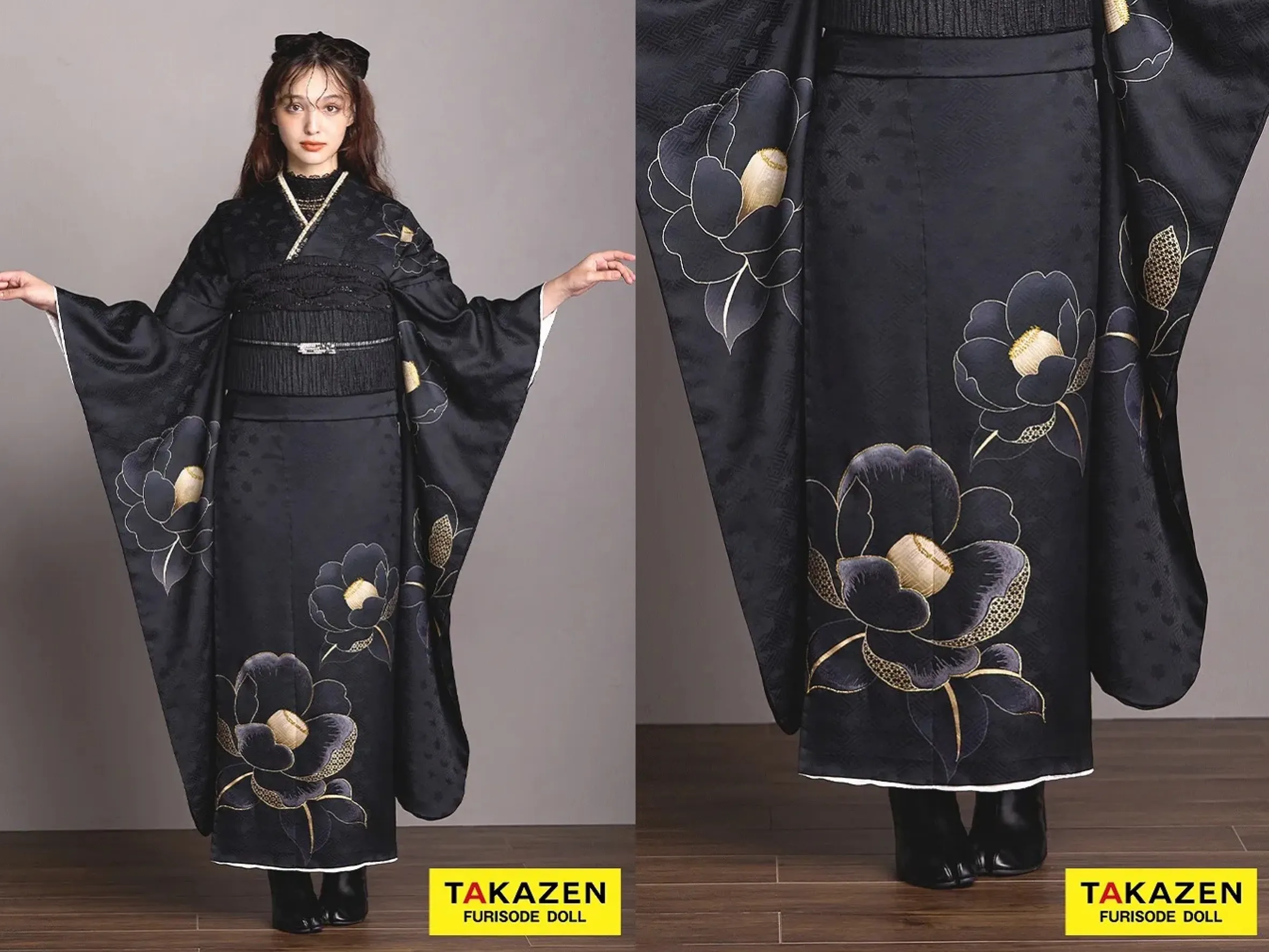 振袖　レンタル　奈良　帯　可愛い　アレンジ　華やか　綺麗　ニュースタイルデビュー“ブラックレーベル”　白/ホワイト　ジャガード生地/ケミカルレース　ビジュー付き　エレガント　リボンアレンジ【通販可】25079　最新作ヴィンテージスタイル　黒/オールブラック　椿　おしゃれ　シンプル　ワンポイント　柄少なめ　シック　ブーツスタイル　香川るな【通販可】26068