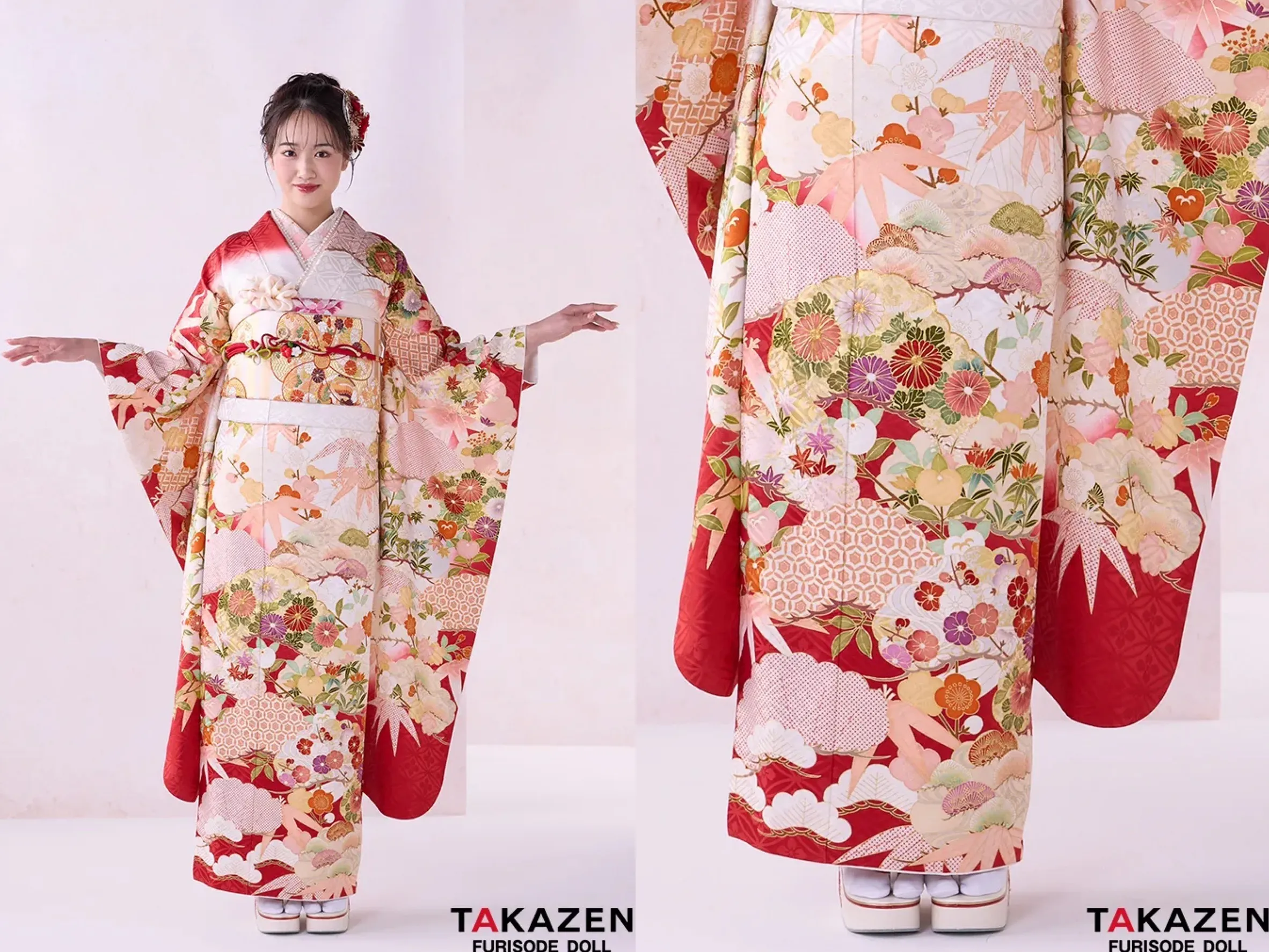 TAKAZEN奈良店　成人式振袖　振袖レンタル奈良　正統派古典振袖　吉澤織物/匠　赤/白　松柄/菊柄　清楚　伝統的　かわいい　本格的　高級古典　天翔愛【通販可】24043