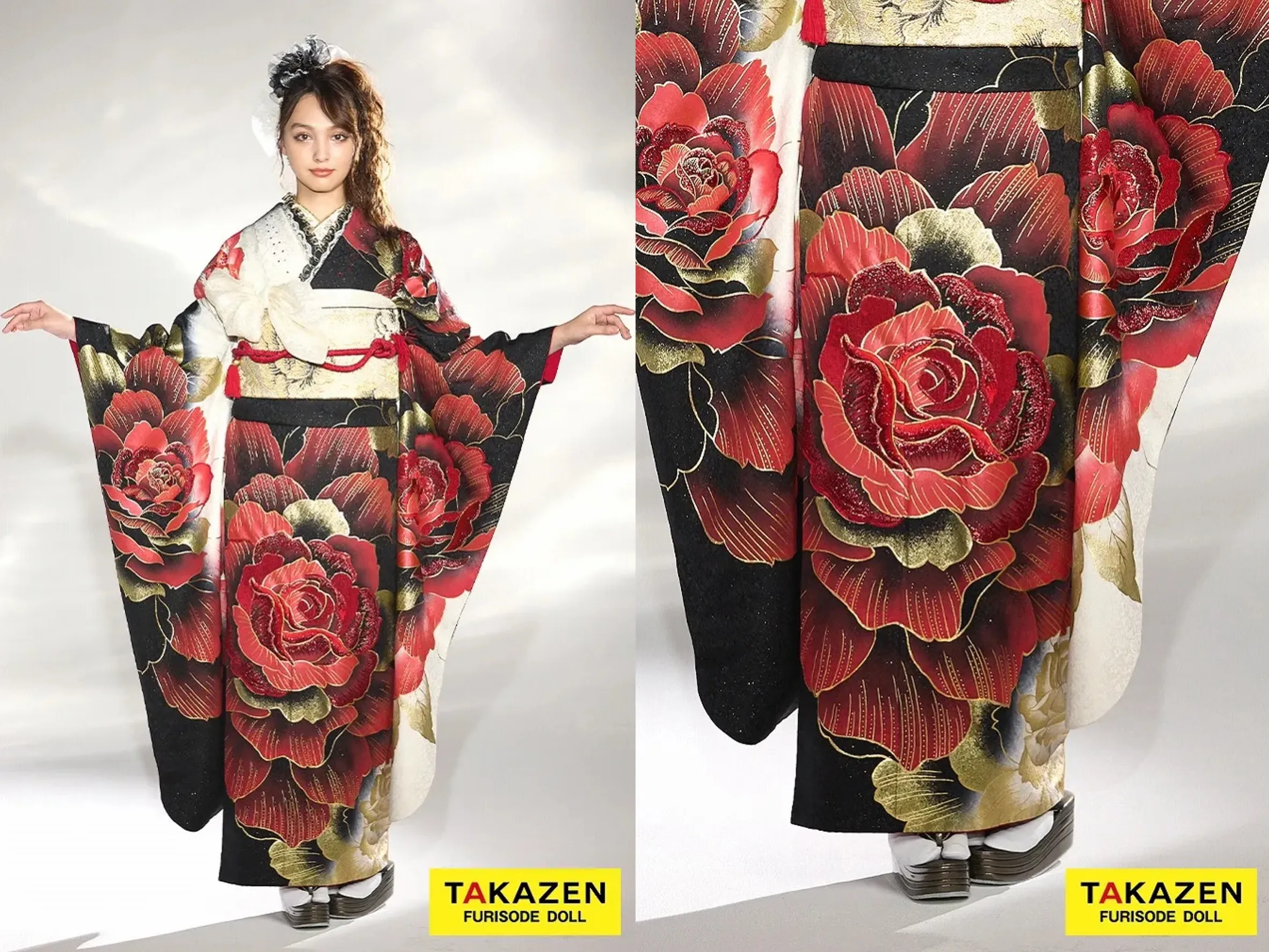 振袖　レンタル　奈良　帯　可愛い　アレンジ　華やか　綺麗　粋古典　緑/金/グリーン　鶴柄/針松柄　金彩京友禅　かっこいい振袖　大人っぽい　シック　人気　渋い　弓ライカ【通販可】24054　モード系グラマラス　赤/黒/金　バラ/大柄　派手かわいい　キラキラ　目立つ　ギャル振袖　グラマラス　スワロフスキー付き　かっこいい　香川るな【通販可】　32103